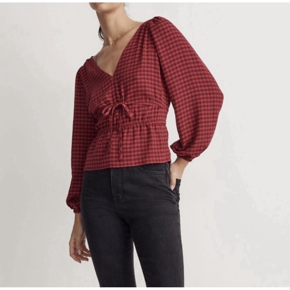 Madewell Saffi‎ Peplum Top Women's Drapey Crinkle Plaid Stretch Smoked
